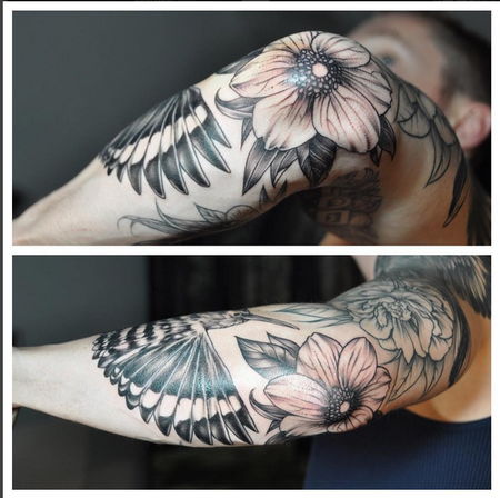 Michael Bales - Floral and Bird on Elbow (detail shot)- Instagram @michaelbalesart